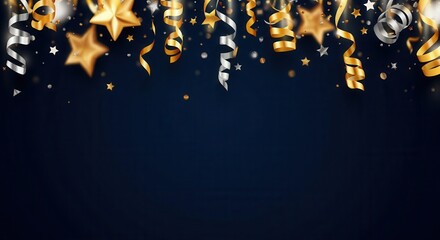 Wall Mural - golden and silver confetti, stars, and ribbons falling against a dark blue background create a festi