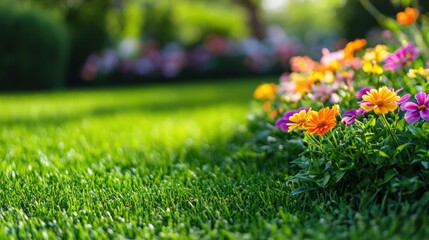 Poster - A vibrant display of flowers brightens the green meadow, inviting joy and tranquility under the warm afternoon sun. Generative AI