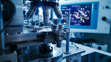 An intricate setup of an X-ray diffraction (XRD) machine analyzing a sample. --ar 169 --v 6.0