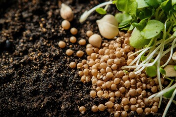 Aufkleber - Seeds and young sprouts spread across nutrient-rich soil, showcasing the beginnings of a thriving garden ready for growth and nurturing. Generative AI