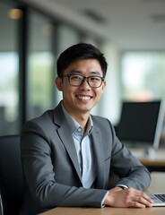 Aufkleber -  young Asian professional sits confidently at his desk, wearing glasses and a fitted gray suit, surrounded by natural light in an office setting.