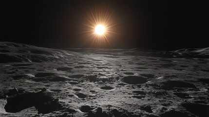 Poster - Sunrise on the lunar surface illuminating craters and shadows in the emptiness of space during a serene celestial moment. Generative AI