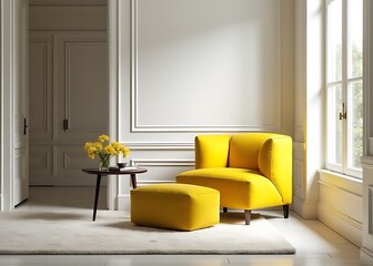 Poster - A bright yellow chair sits amidst sleek, modern decor and classic paneling, evoking an airy, luxurious space with a sophisticated design vibe.