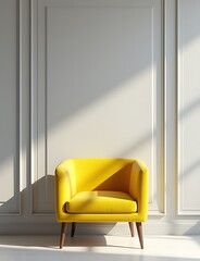 Poster - A bright yellow chair sits in a sleek, modern studio with classic light gray paneling and a premium, airy design aesthetic is presented.