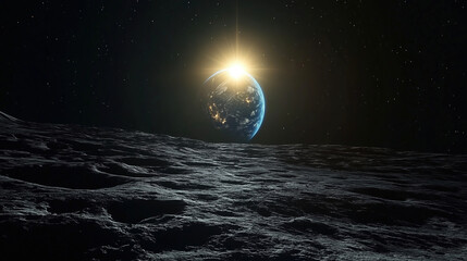 Poster - Stunning view of Earth rising over the lunar surface with a bright sunrise illuminating the distant planet in space. Generative AI