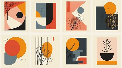 Poster - A collection of modern arts posters featuring abstract shapes and bohemian styles with mid century minimalist backgrounds and geometric patterns.