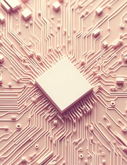 Poster - A computer motherboard with a circuit board and AI theme, featuring light beige and pink hues in a flat vector design style.