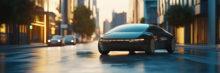Leinwandbilder - A self-driving car operates seamlessly in a bustling urban environment, showcasing AI technology as the sun sets. Generative AI