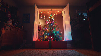 Aufkleber - A Christmas tree, adorned with colorful lights and ornaments, sits in a doorway