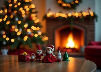 Poster - A festive holiday scene features a Christmas tree with toys on a table, blurred fireplace, and banner, all set against a shallow depth of focus.