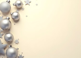 Poster - A horizontal Christmas banner features silver elements against a beige background with ample copy space suitable for New Year themed designs.