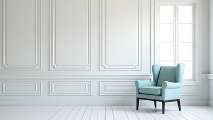 Poster - A light gray room features a pastel blue chair and classic wall panels in front of a large window with simple minimalist design.