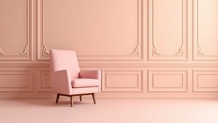 Poster - A pink chair sits in front of pale peach walls, complemented by classic panel designs and minimalist modern furniture in an empty studio.
