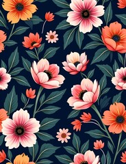 Aufkleber - A seamless floral pattern featuring colorful flowers on a dark navy background creates an abstract trendy spring and summer dress design.