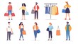 © Master old - People shopping flat vector illustrations set. Happy boutique customers and friendly sellers cartoon characters. Clothing sale, consumerism concept. Garments shop, apparel retail business