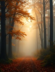 Poster - A serene misty forest scene with autumn leaves and warm dawn light creates a beautiful natural backdrop for designs.