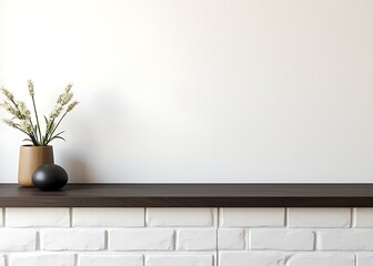 Aufkleber - A simple dark wood countertop sits atop a white brick wall, featuring a small vase of flowers and minimalist design elements.