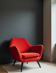 Aufkleber - A sleek red armchair stands out against muted gray walls in a modern coworking space with a touch of luxury design.