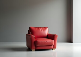 Poster - A sleek red leather armchair sits alone in a spacious studio with calm gray walls, showcasing modern luxury design principles.