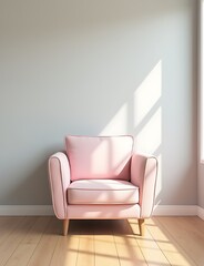 Poster - A soft pink chair sits against a light gray wall in a minimalist room with wooden floors and warm natural light.