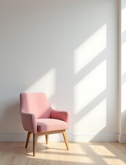 Aufkleber - A soft pink chair sits against a light gray wall in a serene minimalist space with wooden floors and calming natural light.