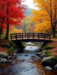 Wall Mural - A tranquil wooden bridge crosses a babbling brook surrounded by vibrant autumn foliage, red and golden hues set against a colorful landscape.