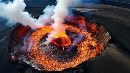 Wall Mural - volcano eruption from a bird view. volcano crater and magma flow shot from above