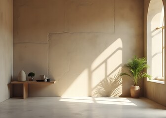Aufkleber - Light filters through a rough stone wall, casting geometric patterns on a minimalist room with sparse decor and simple product display setup.