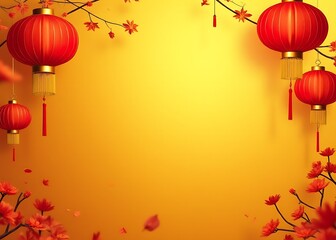 Aufkleber - Rich gold background features elegant lanterns and traditional Chinese New Year decorations in a horizontal wide web design for social media use.