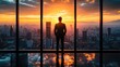© meta - A silhouette of a businessman gazing at a vibrant sunset over a city skyline.