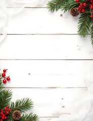 Poster - Rustic Christmas design featuring fir branches, pinecones, and red berries on a white wooden background with horizontal banner and copy space.