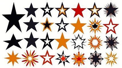 Poster - Set of large star icons and a vector collection with explosive black shapes, retro forms, and radial stripes in various color schemes.