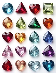 Poster - Set of precious stones in various cuts with colored gems featuring shapes like circles, triangles, drops, hearts, and more.