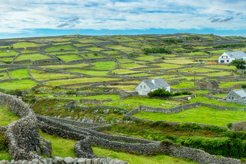 Looking down from the top of hills at a Landscape of green pasture and dry stone walls typical of the Ireland, Aran Islands, Ireland