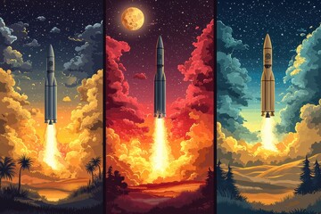 Wall Mural - illustration of spacex rocket launching through starry night skies