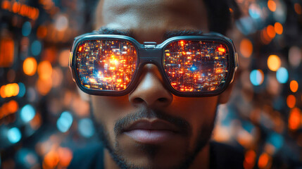 Poster - Close-up of a person with advanced virtual reality glasses, showing reflections of a digital cityscape, symbolizing metaverse immersion