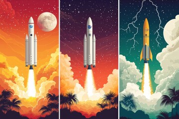Wall Mural - vibrant rocket launches against diverse scenic backdrops