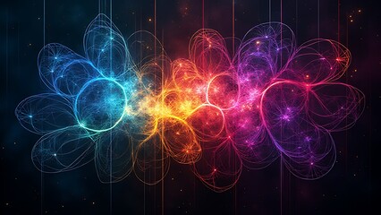 Poster - Vibrant fractal patterns of interwoven light lines and complex geometries in rainbow hues glow on a dark vertical backdrop.
