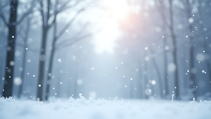 Poster - Winter forest scene with soft falling snowflakes on a light pastel background featuring beautiful white and blue colors with a bokeh effect.