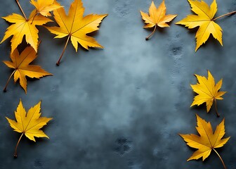 Aufkleber - Yellow leaves against a grey blue slate stone texture create a serene abstract nature background for autumn and fall seasons.
