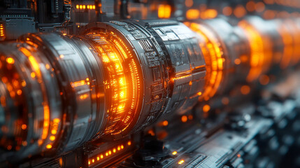 Poster - Futuristic glowing machinery with intricate details and vibrant orange lighting, showcasing advanced engineering concepts