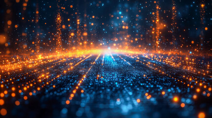Poster - Glowing digital landscape with vibrant blue and orange lights, symbolizing data flow and futuristic technology