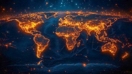 Poster - A glowing digital world map with vibrant orange outlines highlighting continents, symbolizing global connectivity and technology