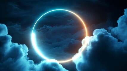Wall Mural - , abstract cloud illuminated with neon light ring on dark night sky. glowing geometric shape, round 