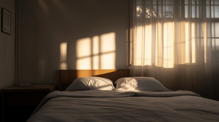 Sticker - A serene bedroom with soft sunlight filtering through sheer curtains.