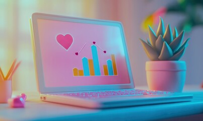 Wall Mural - A laptop displaying colorful graphs and a heart symbol, with a plant nearby.