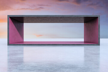 Poster - Light concrete exhibition space with empty mock up place and sunset sky background. Creativity and modern art concept. 3D Rendering.