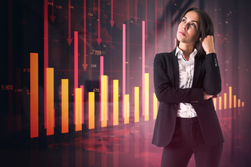 Wall Mural - Attractive thoughtful young businesswoman with glowing red business chart and map on blurry background. Crisis, financial fall and recession concept. Double exposure.