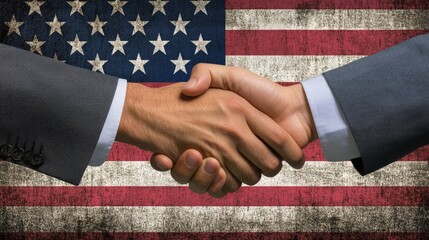 Poster - two hands meeting in a handshake, overlaid with a transparent usa flag, symbolizing cooperation and 