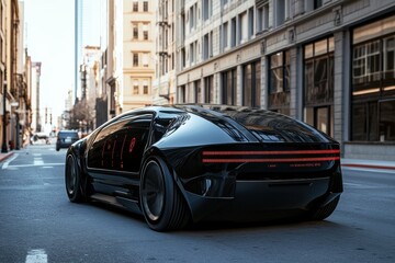 Leinwandbilder - A sleek self-driving car smoothly maneuvers through a bustling city street as onboard AI systems manage its journey efficiently. Generative AI